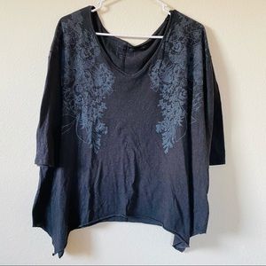 Free People Black Raw Hem 3/4 Sleeve Top